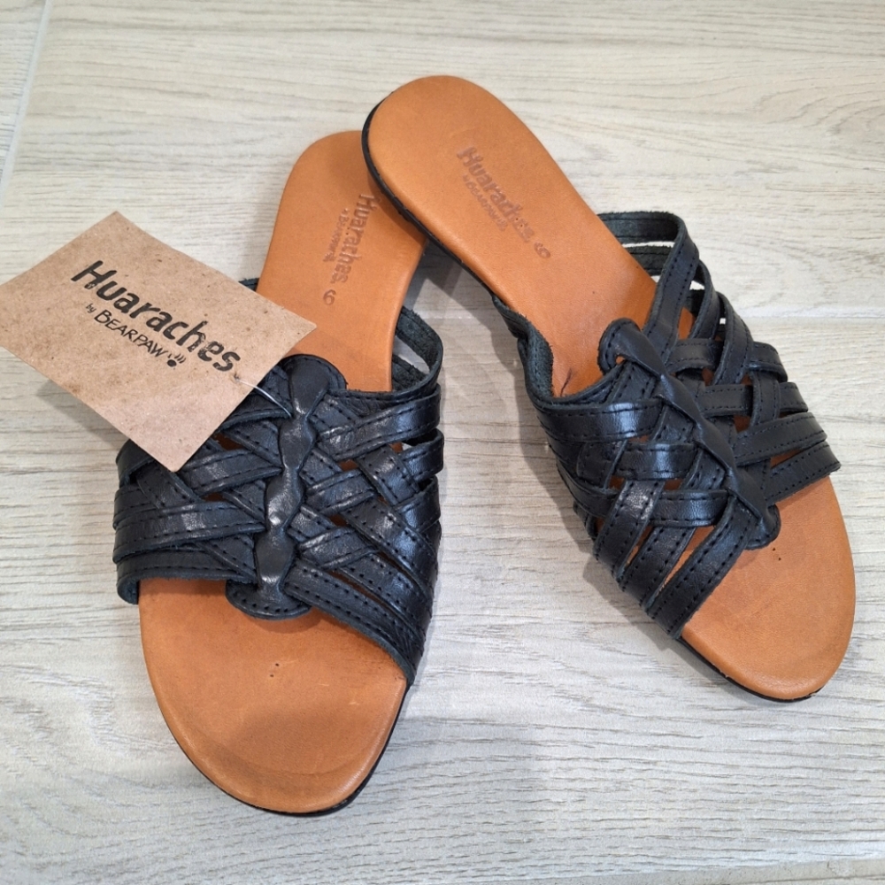 Huaraches by Bear Paw Elisa women's black leather strappy slip-on sandals-size 9